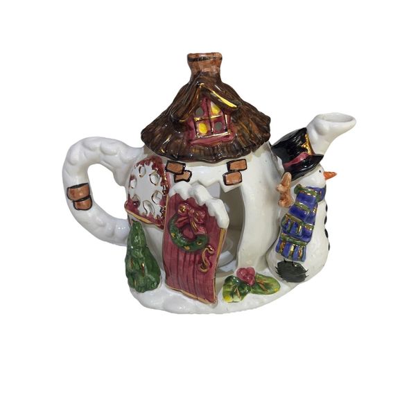 Christmas Dazzle Ceramic Teapot House Tea Light Candle Holder Snowman 9x6x5.5 - Picture 1 of 12